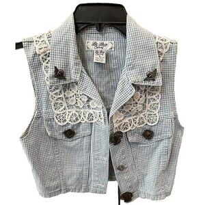 Be Bop Clothing Vintage Denim Vest Women S Cropped Blue White Check Cotton